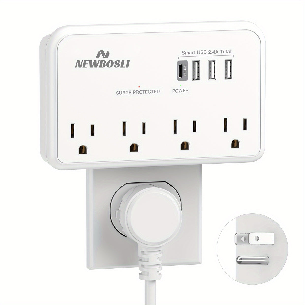1080J Surge Protector Multi-Plug Outlet Extender – NEWBOSLI 3-Prong Wall Adapter With 4 AC Outlets &amp; 4 USB Ports (1 USB-C), Power Strip With Phone Holder, Ideal For Offices, Hotels, Bathrooms, And Living Rooms
