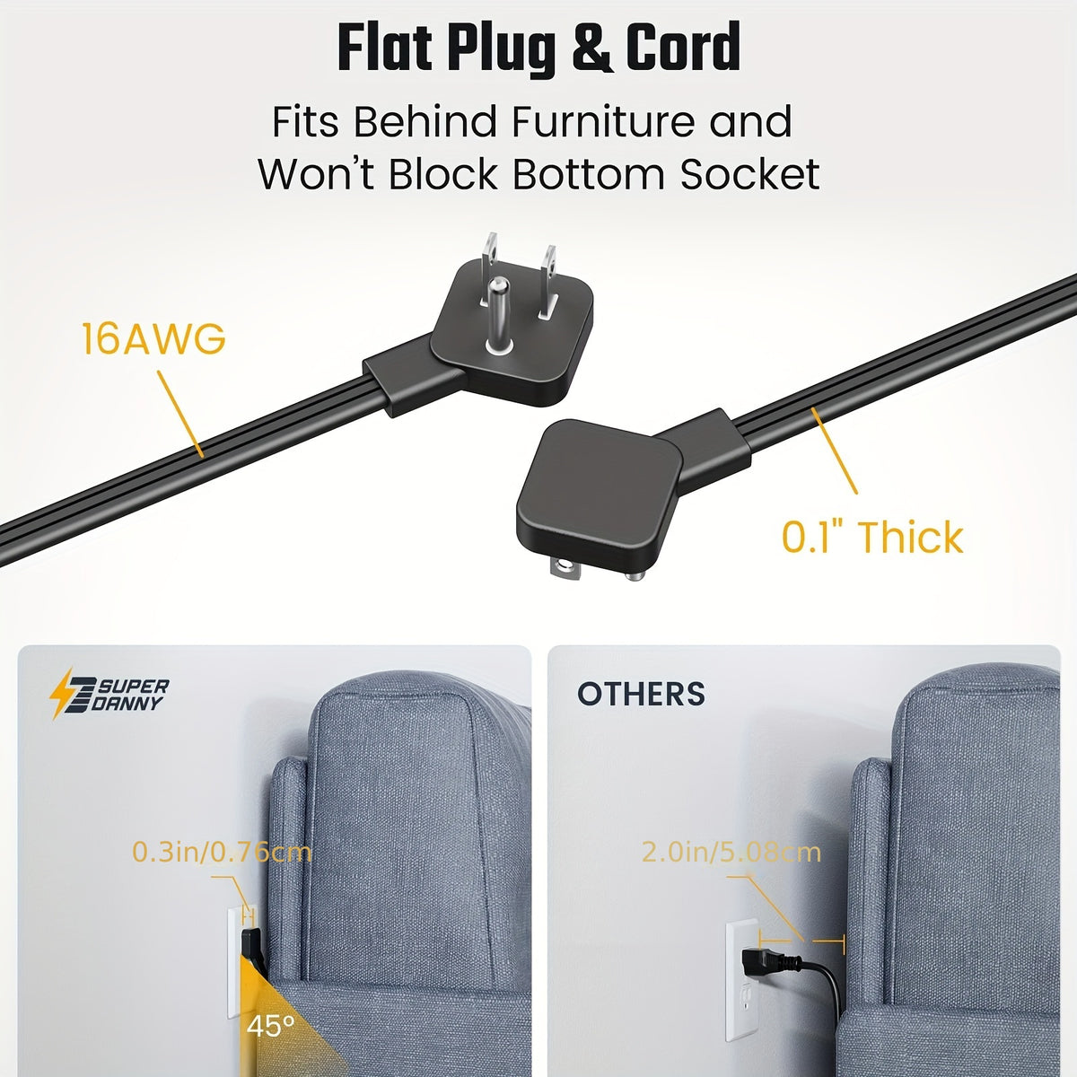 SUPERDANNY 35W Power Strip Surge Protector, 6ft Flat Plug Extension Cord (13A/1625W) With 8 *Wide Outlets &amp; 4* USB Ports(2 USB-C), Wall Mountable, 1050J Desk Charging Station For Home Office Dorm