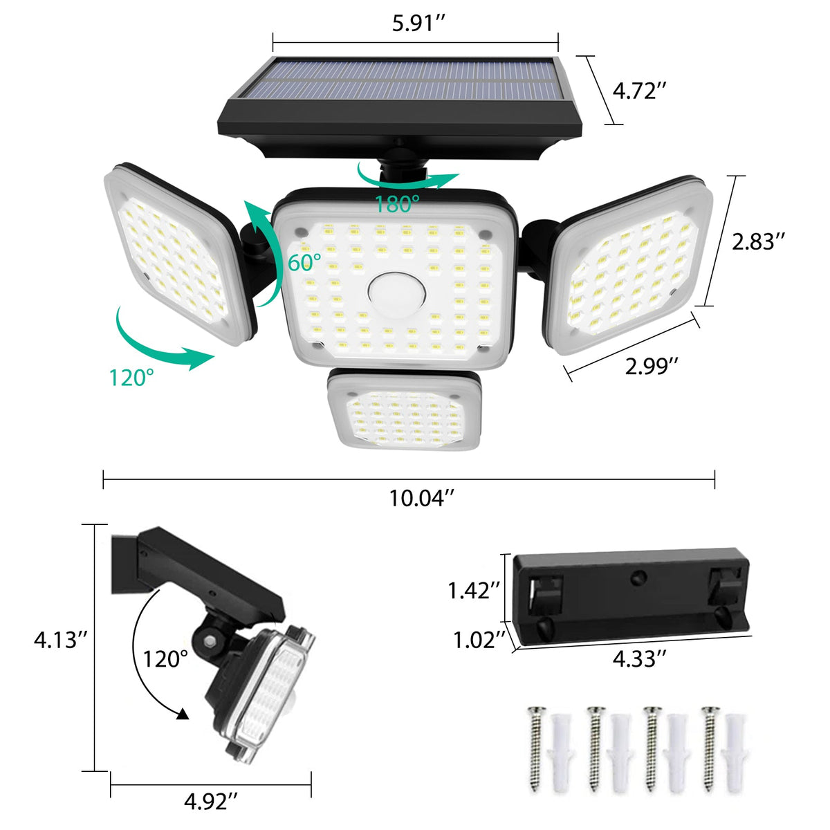 Solar Lights Outdoors 144 LED with Remote 4 Heads 270° Wide Range