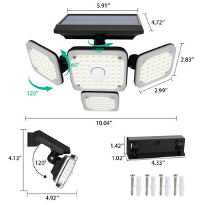 Solar Lights Outdoors 144 LED with Remote 4 Heads 270° Wide Range