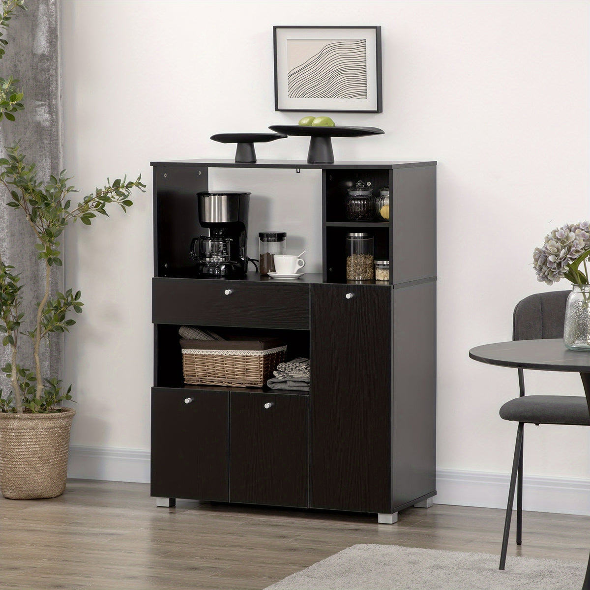 HOMCOM Compact Kitchen Pantry Buffet Server Hutch Storage Cabinet with Microwave Oven Stand Drawer and Shelves, Black