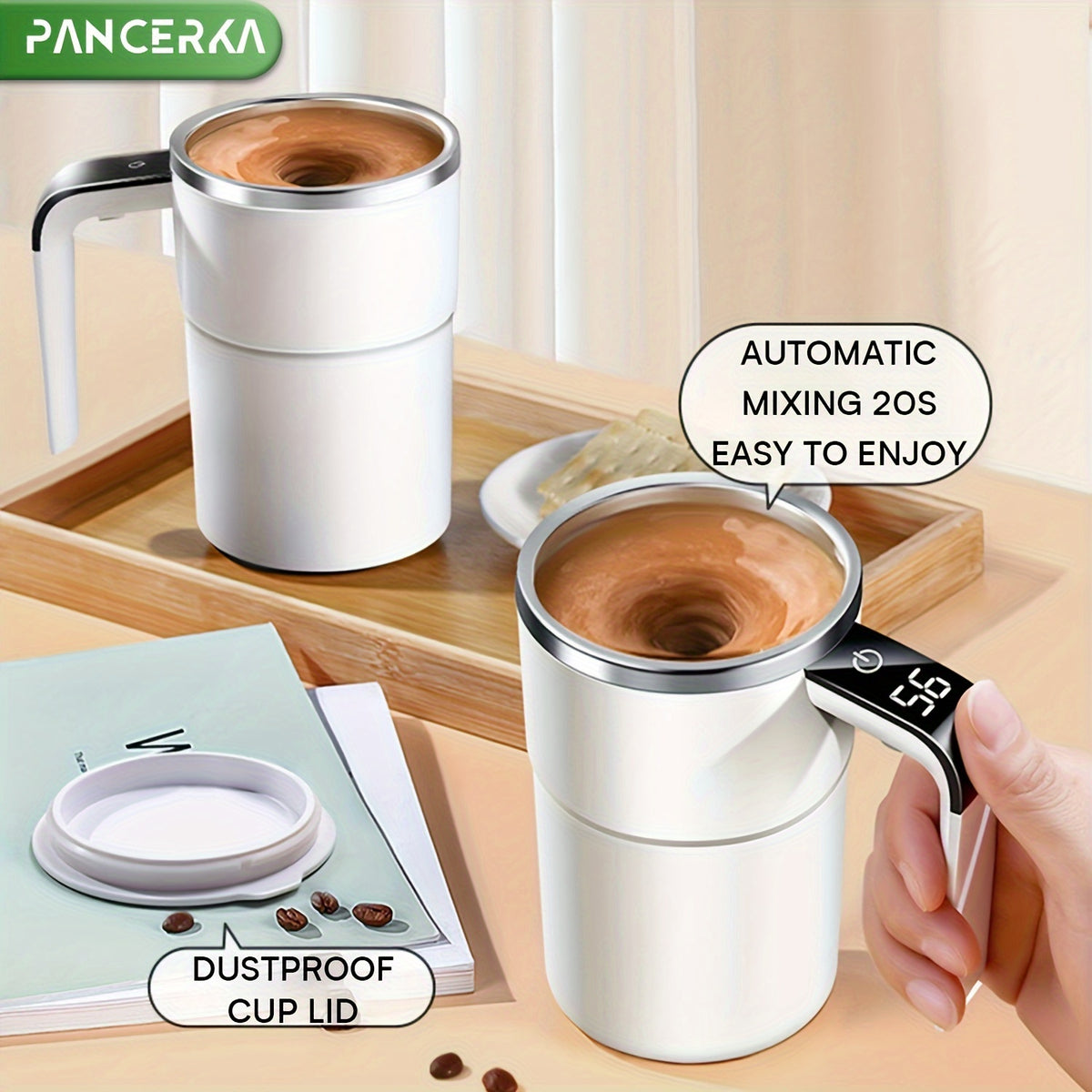 PANCERKA Rechargeable Self-Stirring Coffee Mug with Temperature Display - USB Charging, Sealed Travel Tumbler for Coffee, Milk, Chocolate &amp; Mocha