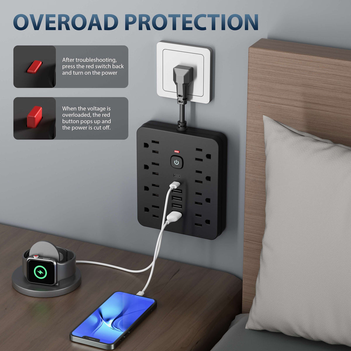 1pc Multi-functional Power Strip With Switch And Surge Protection. Equipped With 8 Power Outlets, 4 USB And 2 TYPE-C. 14-in-1 Power Outlet For Office, Home And Travel. In Black And White.