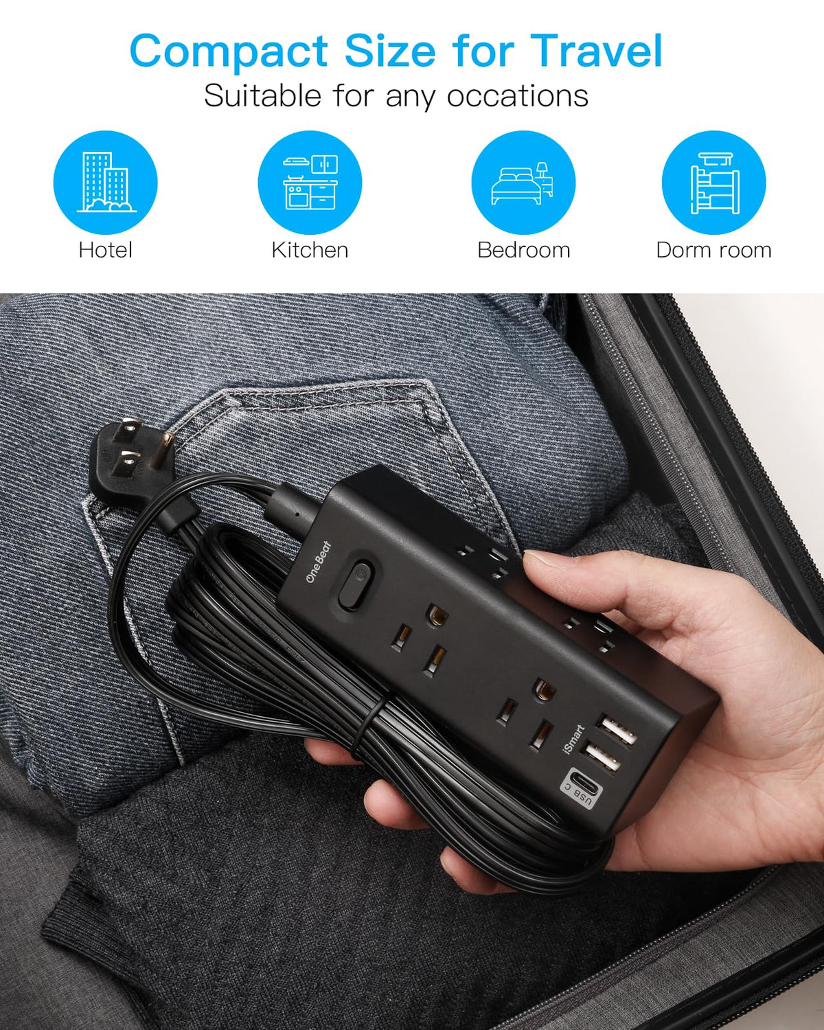 10Ft Extension Cord with Multiple Outlets, Flat Plug Power Strip Surge Protector with 10 Ft Long Cord, 6 Outlet 3 USB Ports (1 USB C), Multi Outlet Wall Plug for Travel, College, Dorm Room Essentials