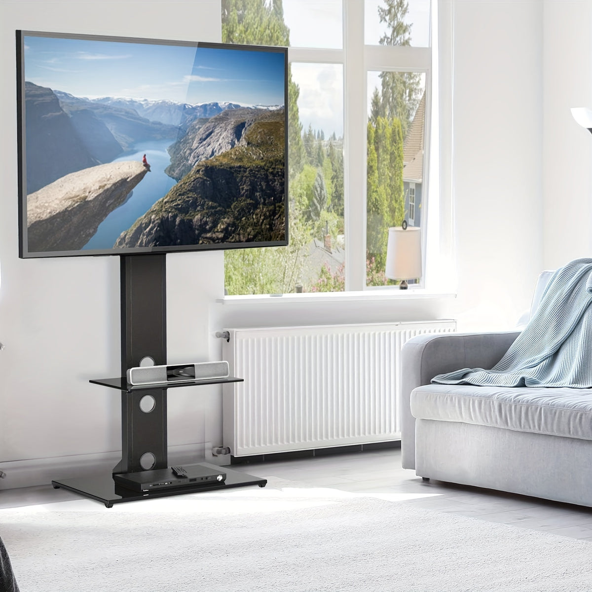 Swivel Floor TV Stand/base With Shelves, Double Floor Standing Construction, Fits Most 32-75 Inch LCD LED TVs, Universal Design For Corners And Bedrooms, Height Adjustable Feature And Cable Management System, Supports Up To V