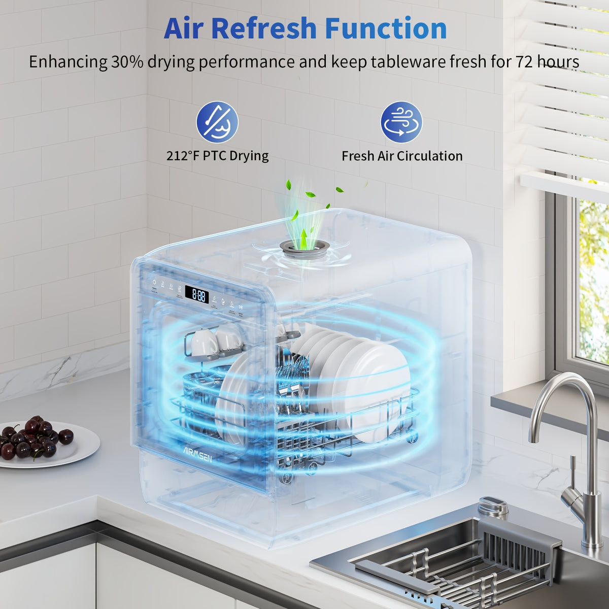 AIRMSEN 9 Programs Portable Countertop Dishwasher With 5L Built-in Water Tank, 14.6&quot; Wide Mini Dishwasher Upgrade Self-cleaning Washing, 24H Delay Start And Energy-saving, For Apartments &amp; RVs, White
