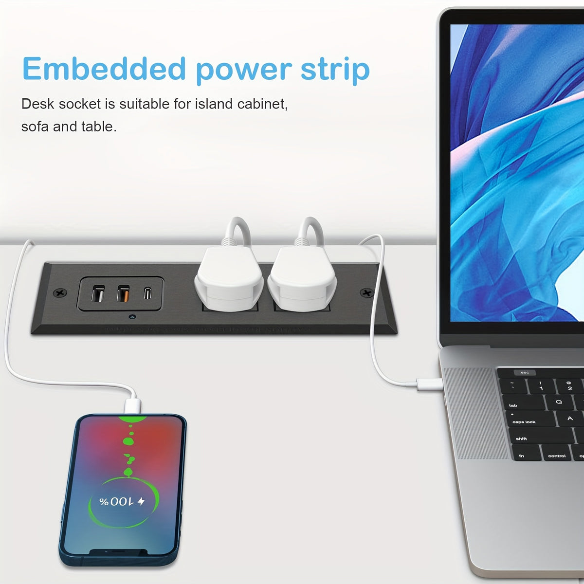 Type-C Conference Recessed Power Strip with 20W PD Fast Charging USB-C, 2 Outlets, 2 USB-A Ports &amp; 1 USB-C Port for Office Meeting Desk