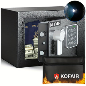 Small Safe Box For Home Safe (0.23 Cubic - Black) With Fireproof Bag, Personal Safe Box For Money Safe For Cash Saving, Mini Safe Box With Key, Digital Safety Box With Light, Money Lock Box