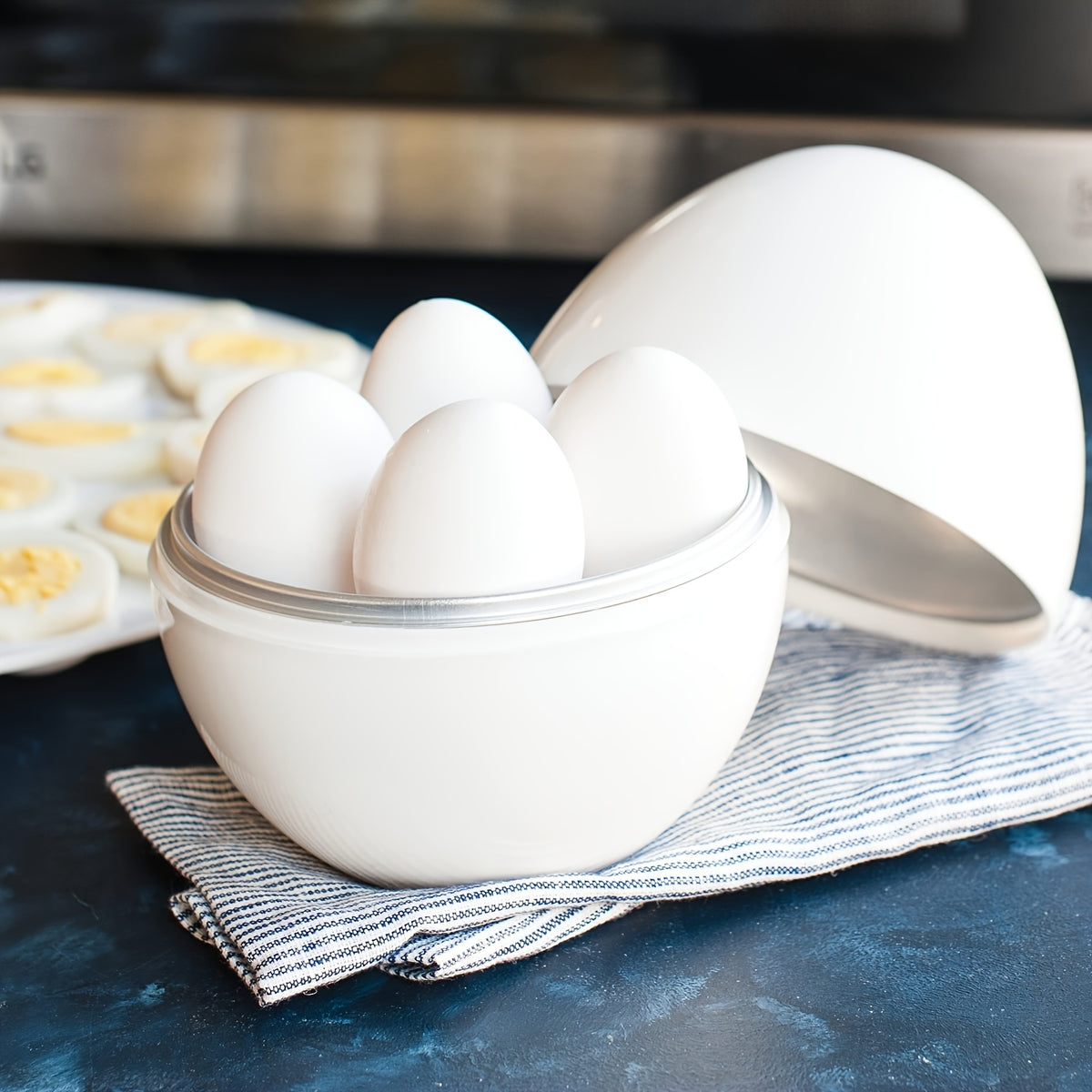 4-Capacity Microwave Egg Cooker - Quick &amp; Easy Hard Boiled Eggs Maker with Compact Egg Shape Design, Time-Saving, Uncharged Power Mode for Kitchen