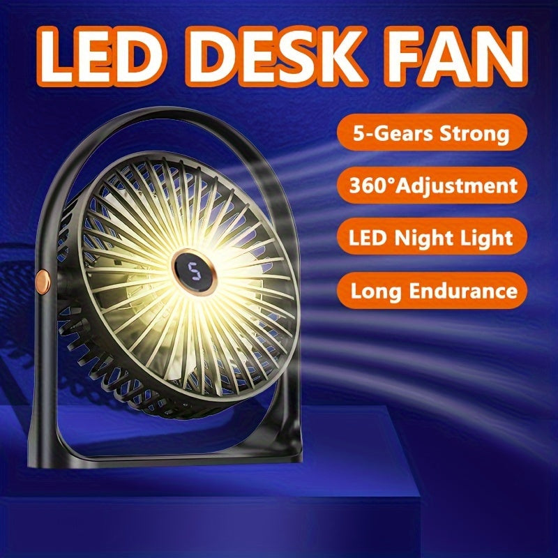 Portable LED Desk Fan with Night Light, 5-Speed Mini USB Table Fan, 360° Adjustable Tower Fan, LED Display, USB Charging, 1200mAh Rechargeable Lithium Battery for Home, Desktop &amp; Office Use