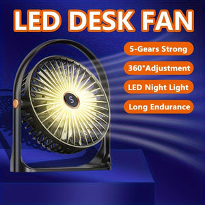 Portable LED Desk Fan with Night Light, 5-Speed Mini USB Table Fan, 360° Adjustable Tower Fan, LED Display, USB Charging, 1200mAh Rechargeable Lithium Battery for Home, Desktop & Office Use