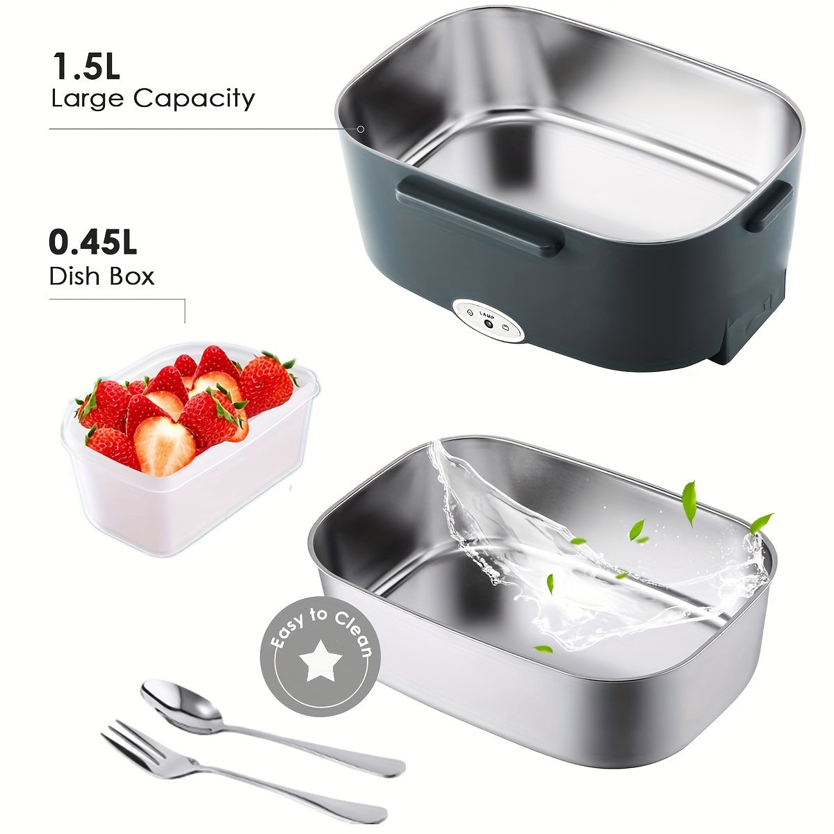 Electric Lunch Box Food Warmer, Portable For Car &amp; Home Leak Proof, Lunch Microwave Bento Box With Stainless Steel Container 50.72 Oz, 110V/12V/24V