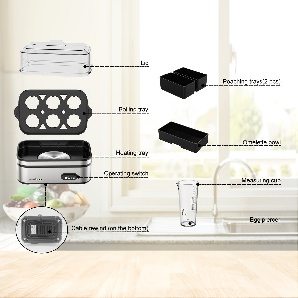 Evoloop Rapid Egg Cooker - Effortlessly Craft Perfect Eggs Every Time with Auto Shut Off - 6 Egg Capacity for Hard Boiled, Poached, Scrambled, or Fluffy Omelets - Culinary Mastery in Minutes