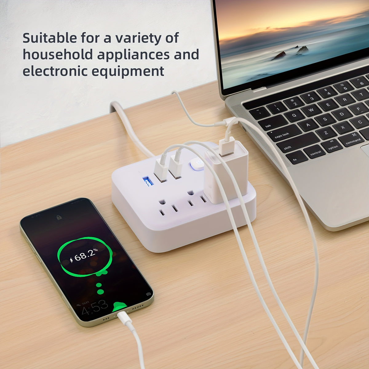 1pc Power Strip, Power Strip Surge Protector, 3 AC Outlets 3 USB 1 Power Button, Flat Plug, Desktop Charging Station With Overload Protection, For Home, Office, Travel, Computer, Black White
