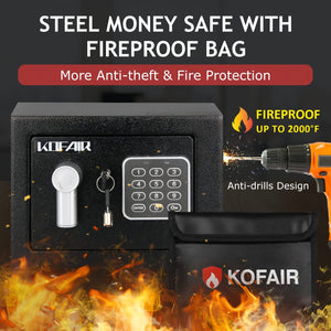 Small Safe Box For Home Safe (0.23 Cubic - Black) With Fireproof Bag, Personal Safe Box For Money Safe For Cash Saving, Mini Safe Box With Key, Digital Safety Box With Light, Money Lock Box