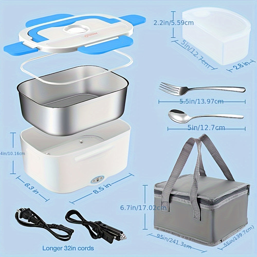 Electric Lunch Box, 12V 24V &amp; 110V 2 In 1 For Car/Truck And Work Heat Lunch Box Stainless Steel Portable Food Warmer Heater-Spoon