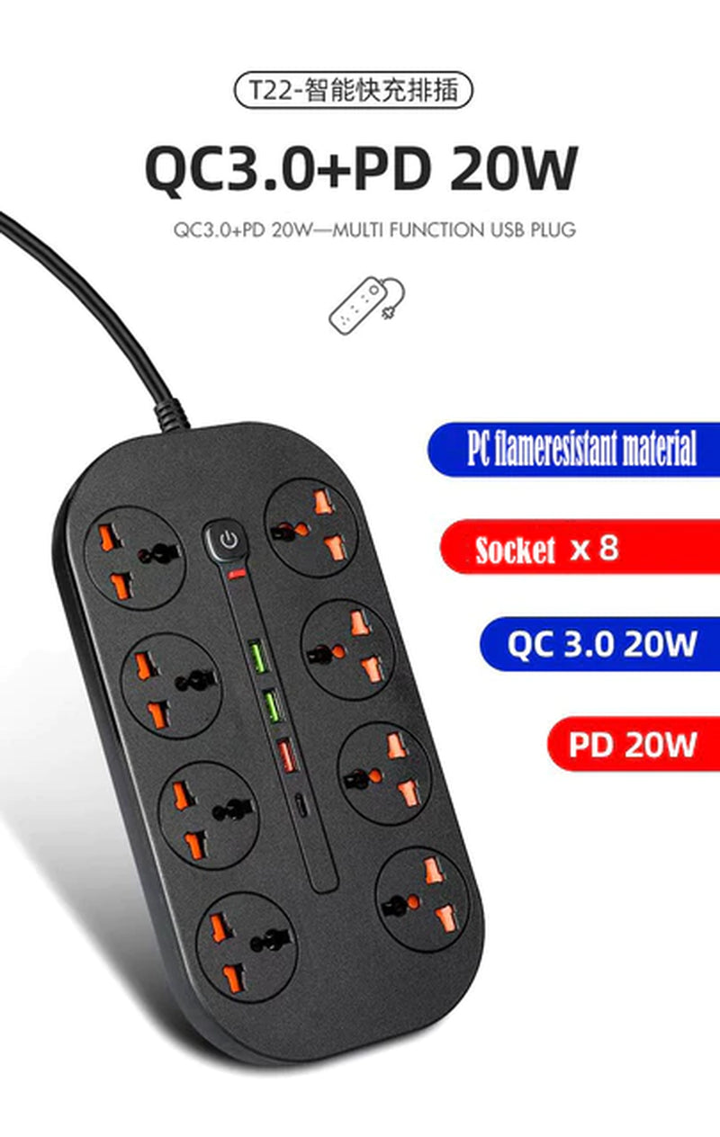 PC Power Strip Multi Plug with 5 AC Outlets QC3.0 18W 3 USB Fast Charging Ports Socket Adapter US UK EU AU Timer Power Socket