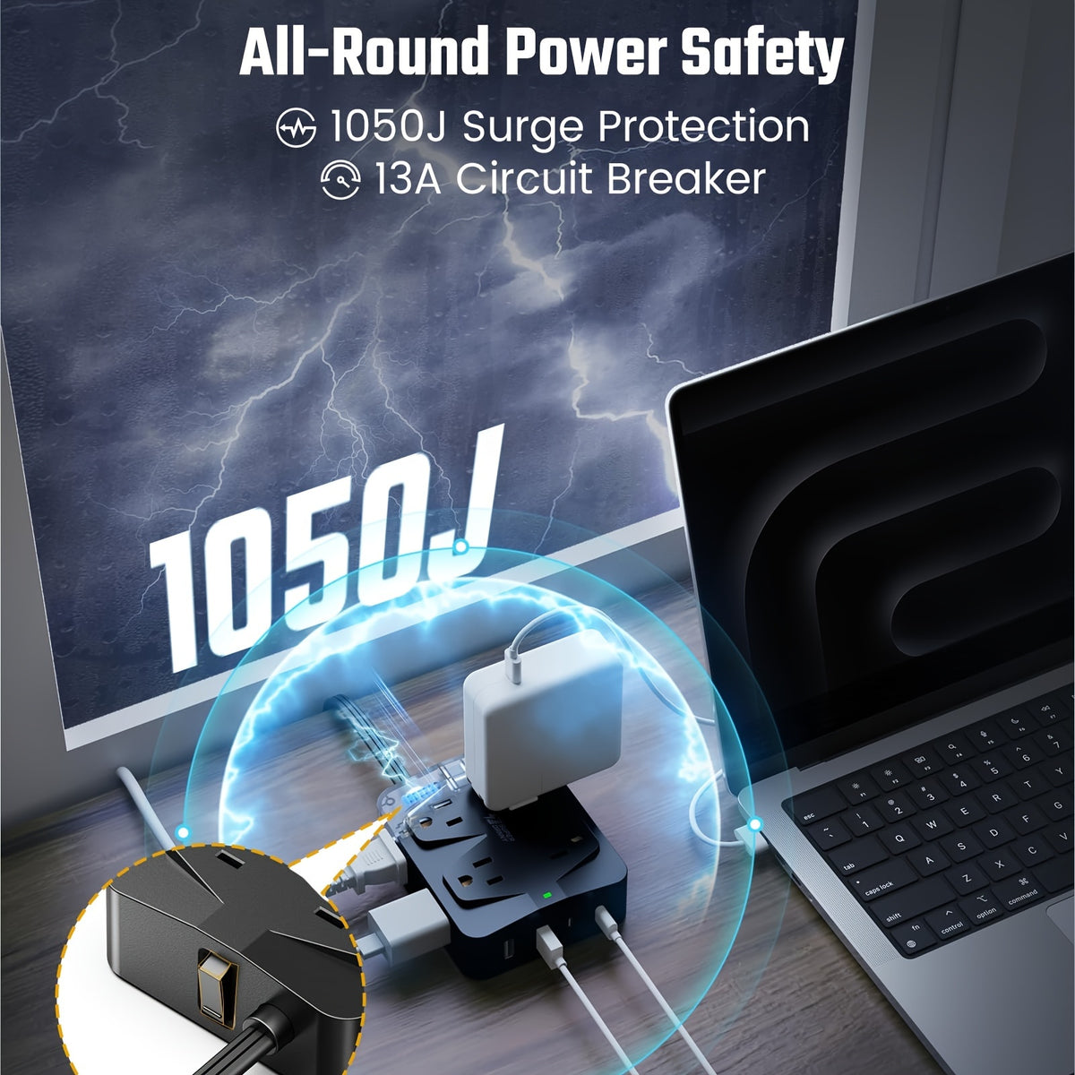 SUPERDANNY 35W Power Strip Surge Protector, 6ft Flat Plug Extension Cord (13A/1625W) With 8 *Wide Outlets &amp; 4* USB Ports(2 USB-C), Wall Mountable, 1050J Desk Charging Station For Home Office Dorm