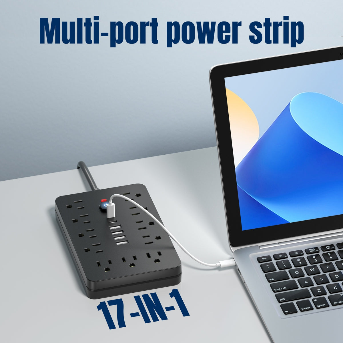 1 Piece 17-in-1 Surge Protected Power Strip With 11 AC Outlets, 4 USB And 2 Type-C Ports. Wall Mountable Desktop Charging Station. US Plug. Perfect For Home, Office And Travel. Available In 5ft Or 10ft Cord Length.
