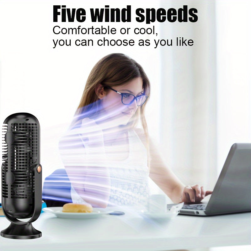 USB Rechargeable Tower Fan - Summer Air Circulation Desk Fan for Home Office with Strong Wind Cooling, LED Display, Five Speed Regulation, Long Life and Portable Design Suitable for Fishing, Camping, Travel, Bedroom, and Offi