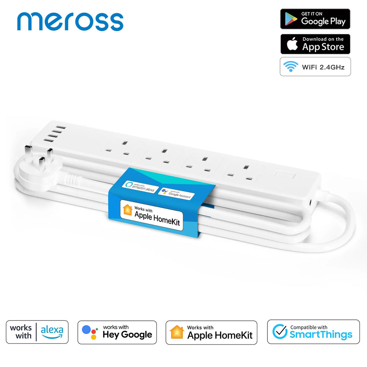 Meross HomeKit Smart Power Strip WiFi Multi Plug Extension UK Outlet with 4 Sockets 4 USB Ports Work with Siri Alexa Google Home