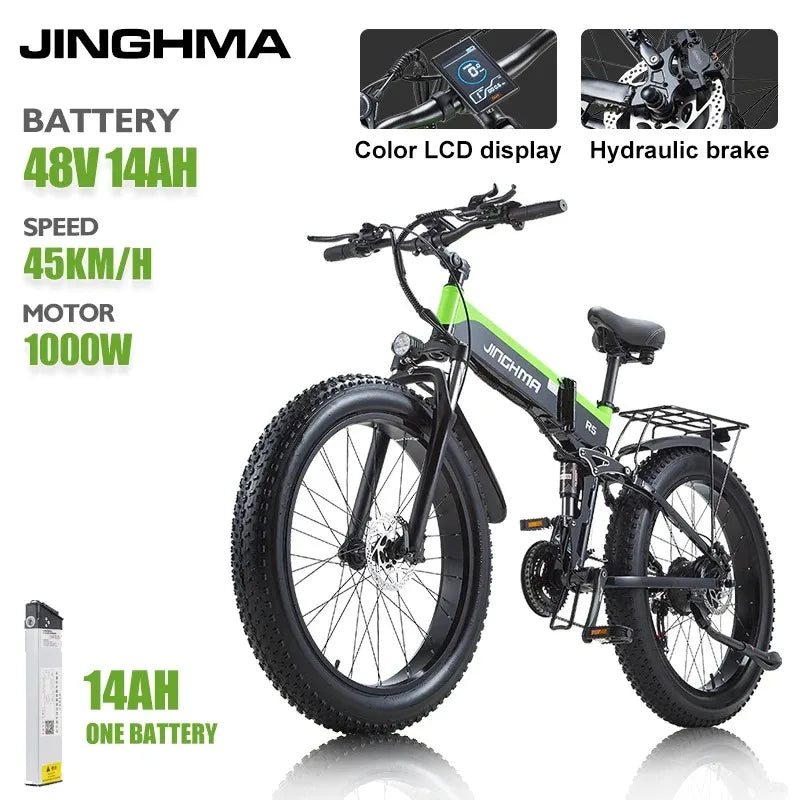 JINGHMA NEW R5 1000W Electric Bicycle 26 Inch Men&#39;s Bike 4.0 Fat Tires Ebike 48V 14AH Lithium Battery 45KM/H Mountain Motorcycl