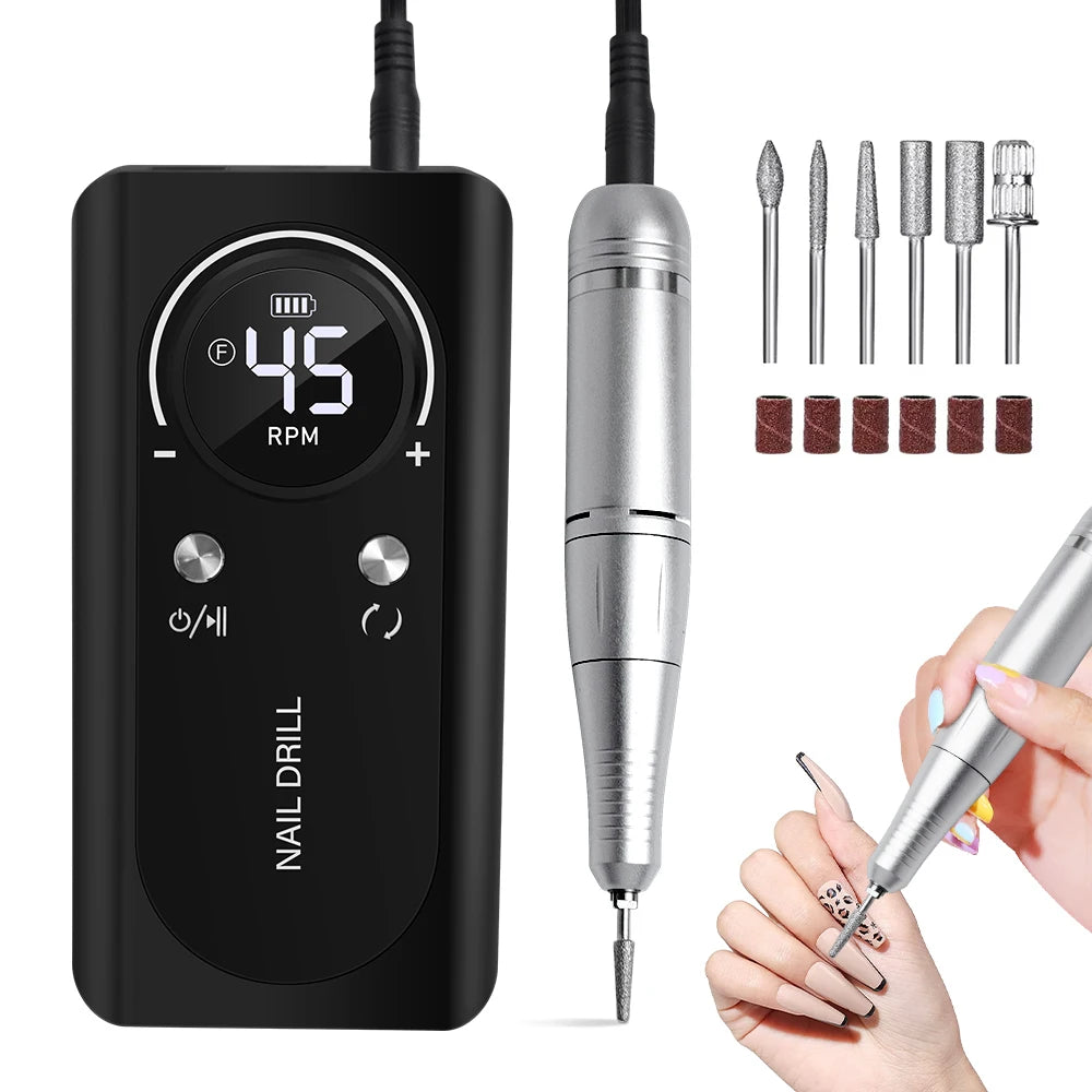 Professional 45000RPM Electric Portable Nail Drill Machine Rechargeable Low Noise Nail Sander File for Manicure Salon Tool