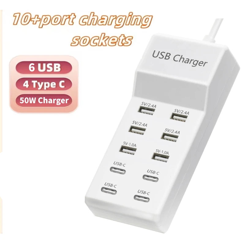 10-Ports 50W/10A USB Charging Station Multi Port USB C Hub Charger for Cellphone Tablet Multiple Devices Extension Socket