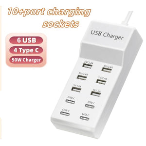 10-Ports 50W/10A USB Charging Station Multi Port USB C Hub Charger for Cellphone Tablet Multiple Devices Extension Socket