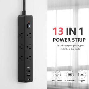 13-in-1 US Power Strip, Power Strip Surge Protector 9 AC Outlets 3 USB 1 Type-C, Desktop Charging Station With Overload Protecti