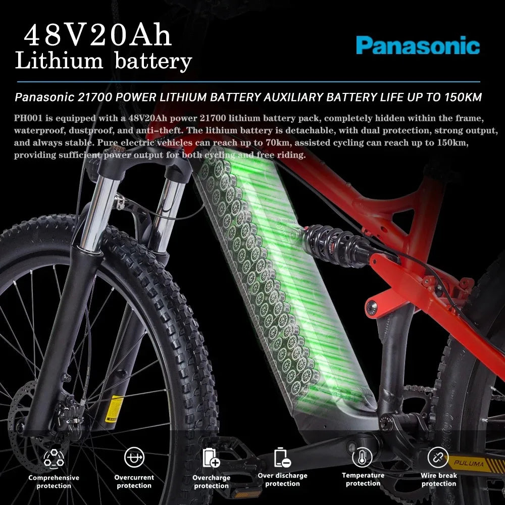 PULUMA Electric Bike 48V 1000W 27.5-in Panasonic battery 48V 20AH Smart electric with pedal assist hydraulic disc brakes