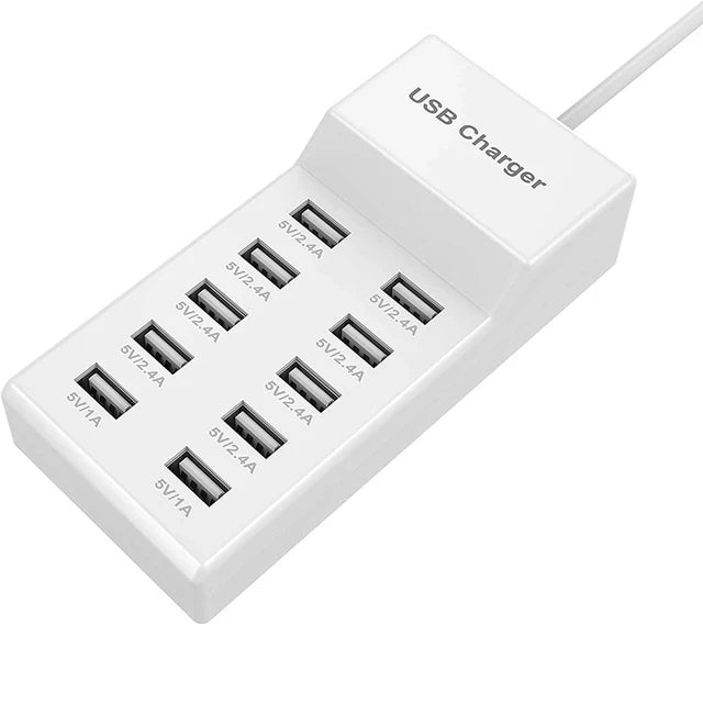 10-Ports 50W/10A USB Charging Station Multi Port USB C Hub Charger for Cellphone Tablet Multiple Devices Extension Socket