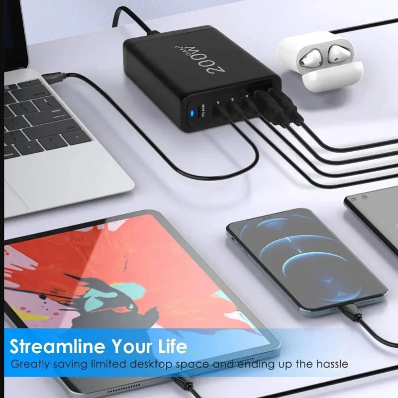 New 200W GaN Desktop charger 6-port USB Type C PD Charger Fast Charge 3.0 Fast Charger Mobile USB charger for iPhone Samsung