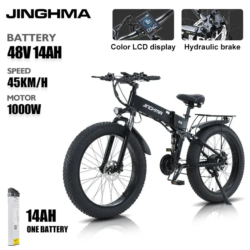 JINGHMA NEW R5 1000W Electric Bicycle 26 Inch Men&#39;s Bike 4.0 Fat Tires Ebike 48V 14AH Lithium Battery 45KM/H Mountain Motorcycl