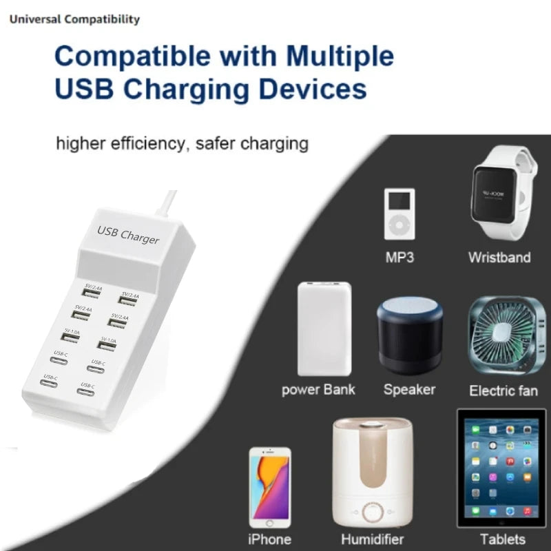 10-Ports 50W/10A USB Charging Station Multi Port USB C Hub Charger for Cellphone Tablet Multiple Devices Extension Socket