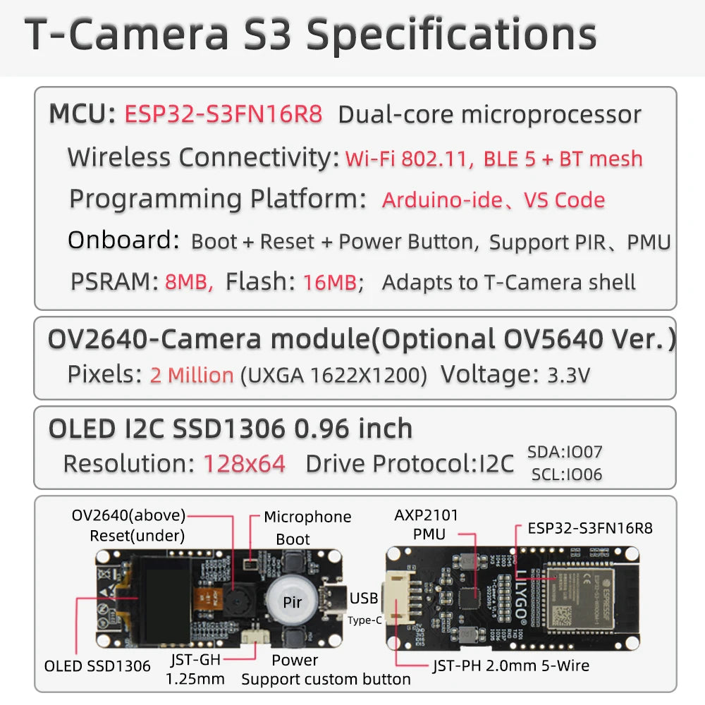 LILYGO® T-Camera S3 ESP32-S3 ESP32-Cam 2 Million Pixels HD Camera FLASH 16MB ESP32-S3FN16R8 With 0.96&quot; SSD1306 OLED Mic Pir PMU