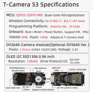 LILYGO® T-Camera S3 ESP32-S3 ESP32-Cam 2 Million Pixels HD Camera FLASH 16MB ESP32-S3FN16R8 With 0.96" SSD1306 OLED Mic Pir PMU