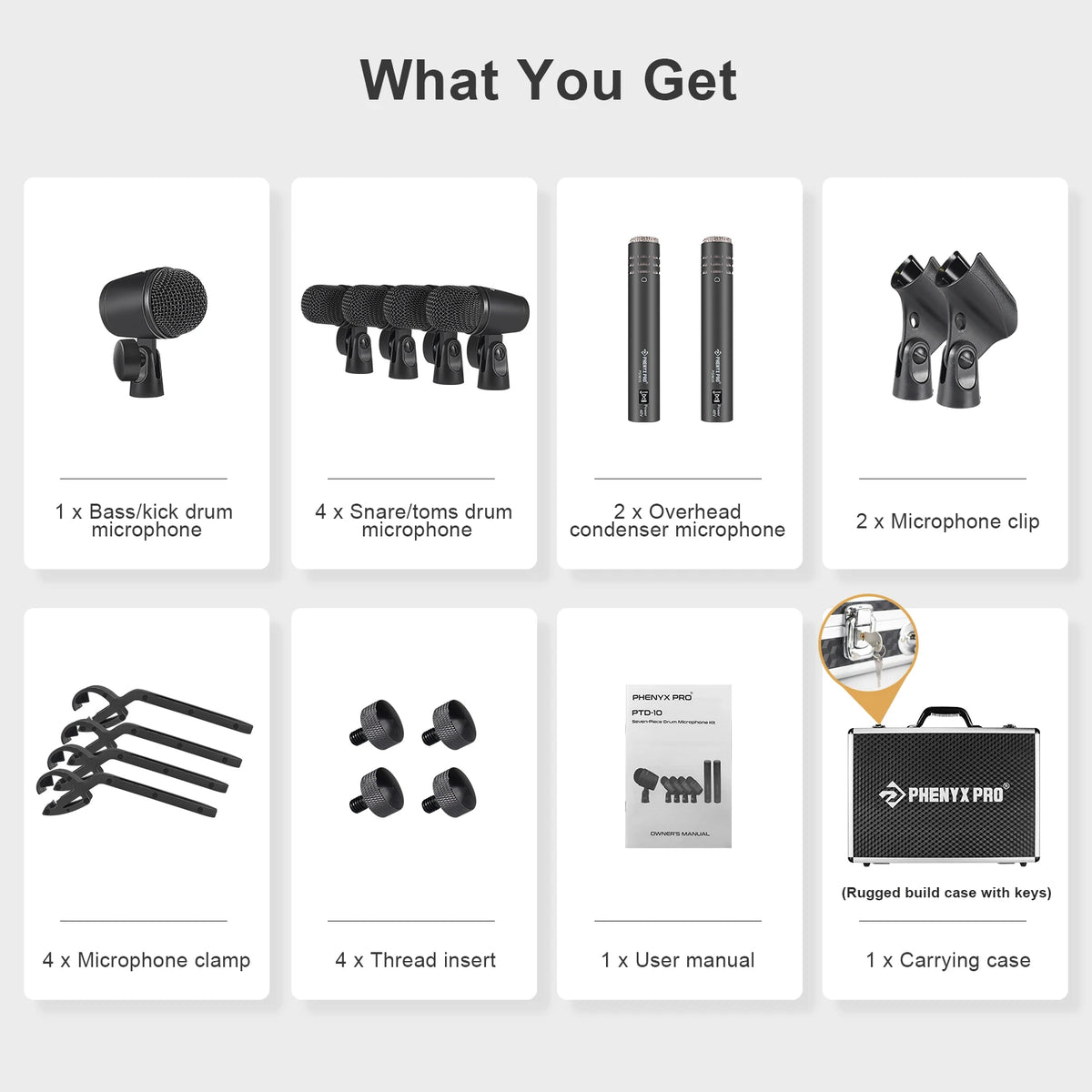 Phenyx Pro 7-Piece Drum Instrument Microphone Kit, All Metal Wired Wire microphone instrumentfor Bass/Tom/Snare/Hi-hat Cymbals