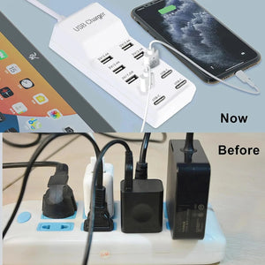 10-Ports 50W/10A USB Charging Station Multi Port USB C Hub Charger for Cellphone Tablet Multiple Devices Extension Socket