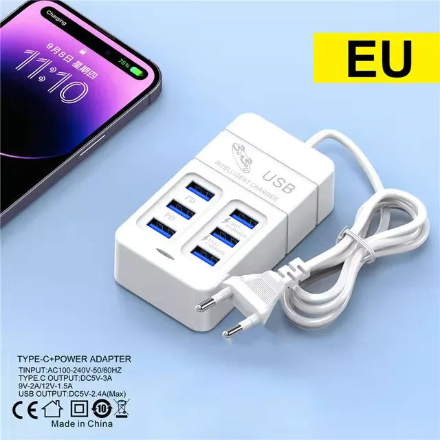 6 IN 1 USB Charger 35W PD Type C Fast Charge Charger Wall Phone Adapter Quick Charger 3.0 USB Hub EU US Plug USB Type C Charger
