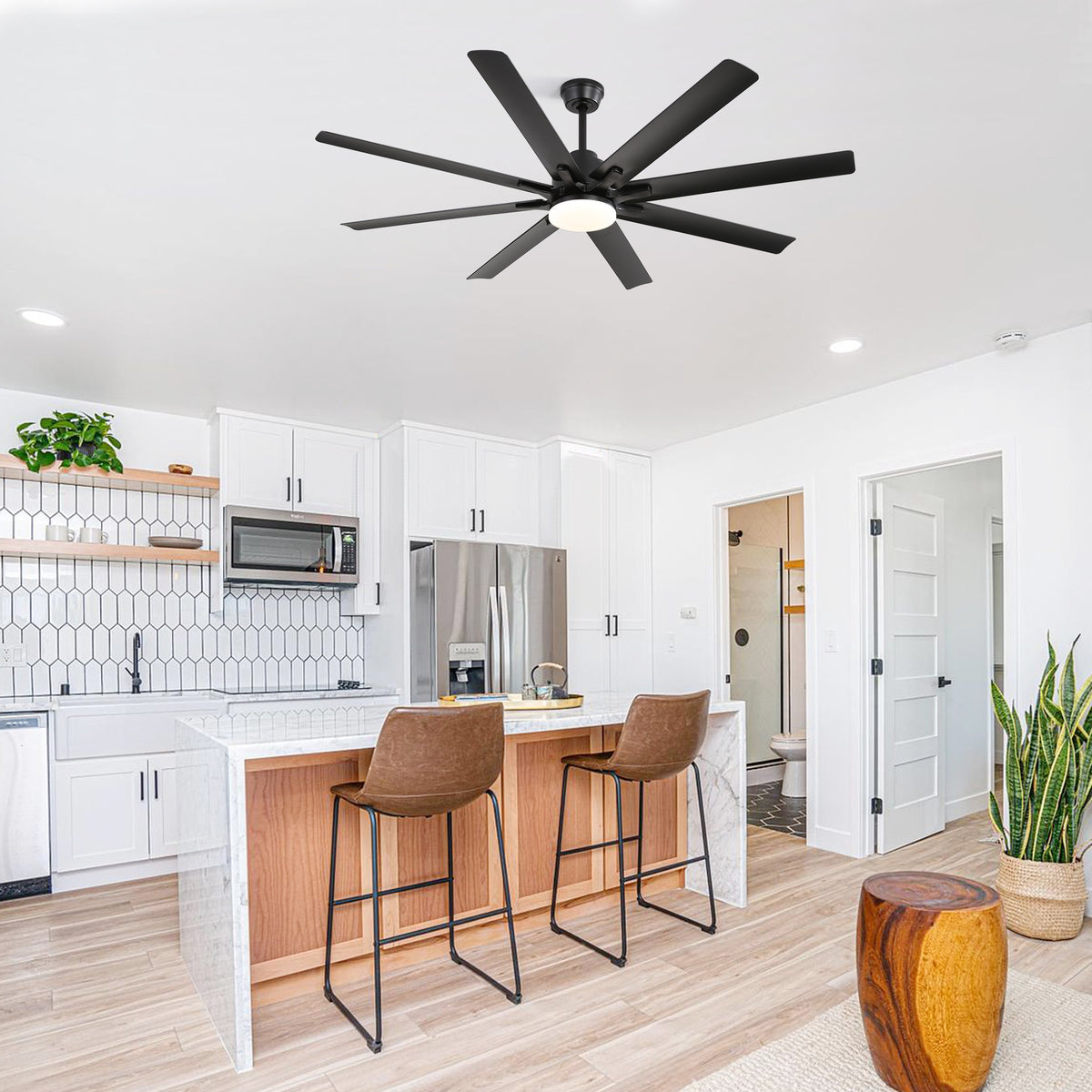 66 Inch Modern Ceiling Fan With Dimmable Led Light 8 ABS Blades Smart Remote Control Reversible DC Motor Black For Home Office