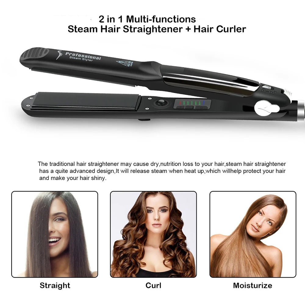 2 in 1 Steam Hair Straightener Professional Hair Iron Adjustable Temperature Fast Heating Hair Straightening Hair Curling Iron