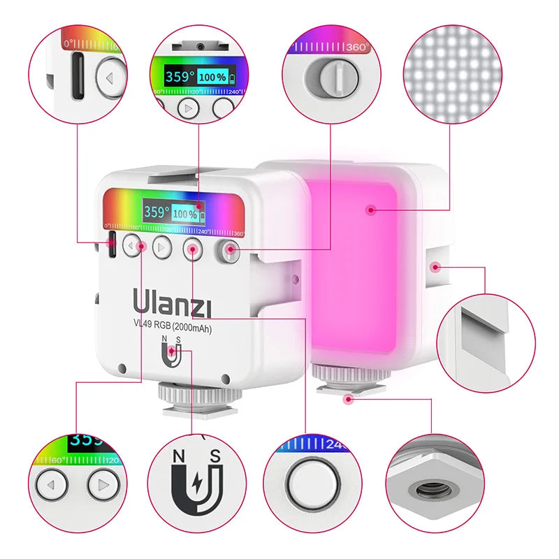 VIJIM Ulanzi VL49 Full Color RGB LED Video Light 2500K-9000K 800LUX Magnetic Mini Fill 3 Cold Shoe 2000mAh Type-C Camera Light - Stereotech