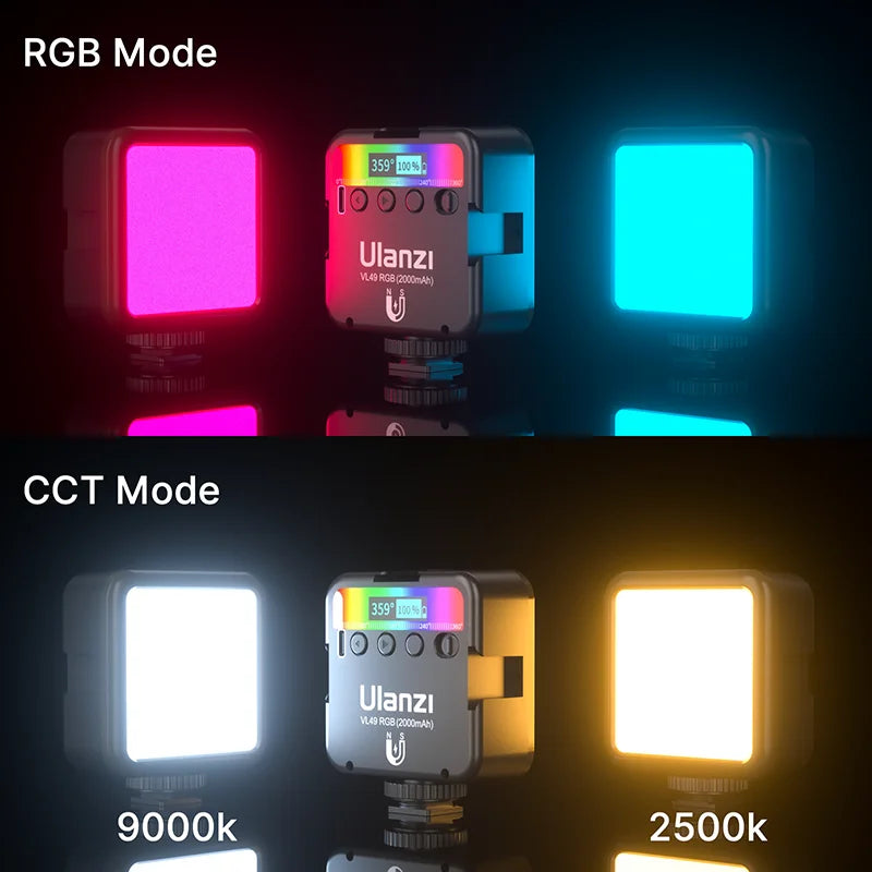 VIJIM Ulanzi VL49 Full Color RGB LED Video Light 2500K-9000K 800LUX Magnetic Mini Fill 3 Cold Shoe 2000mAh Type-C Camera Light - Stereotech