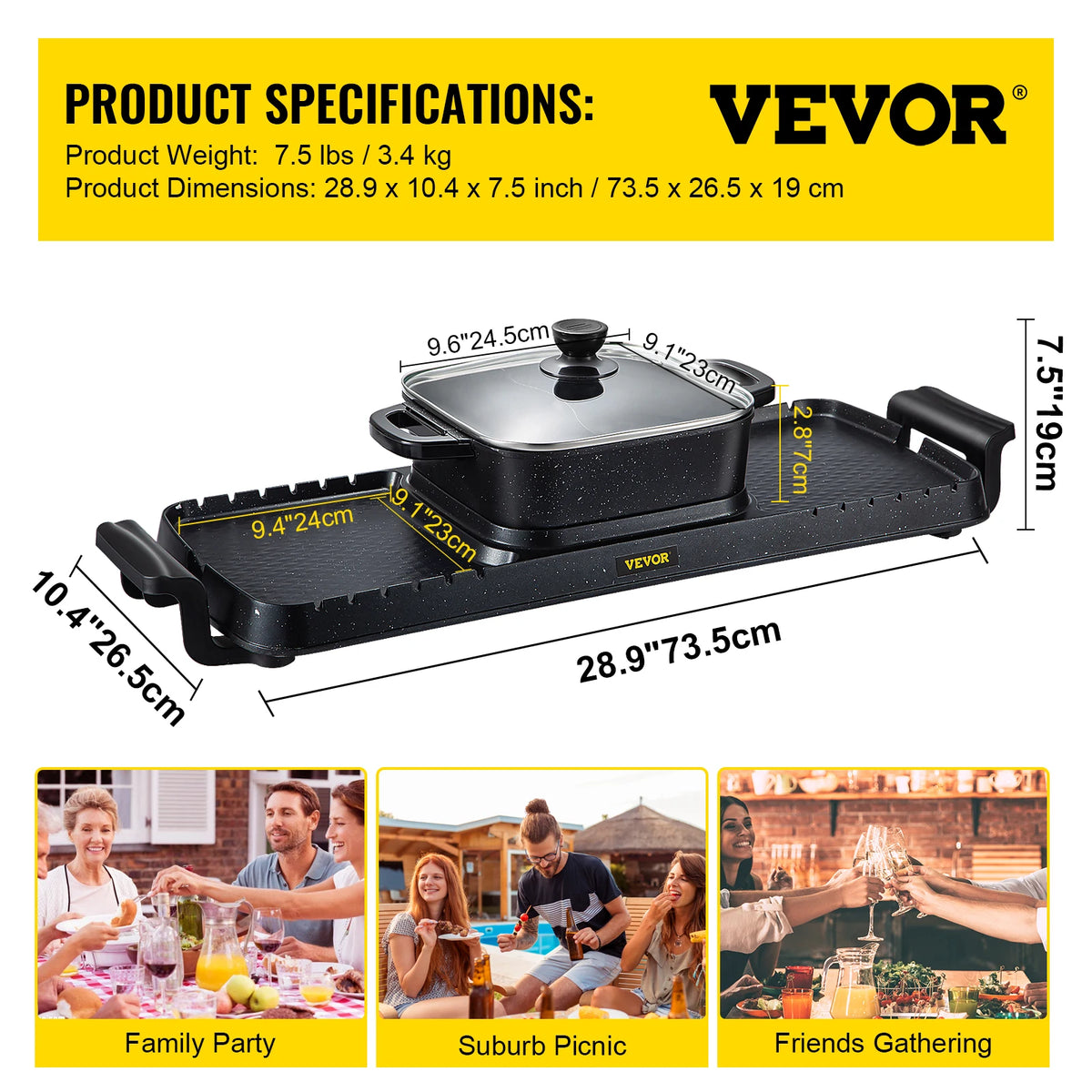 VEVOR 2in1 Electric BBQ Pan Grill Hot Pot 2400W Multifunction Home Portable Smokeless Nonstick Detachable Hot Pot Barbecue Plate - Stereotech