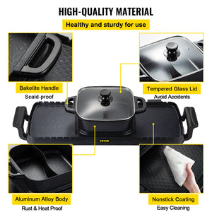 VEVOR 2in1 Electric BBQ Pan Grill Hot Pot 2400W Multifunction Home Portable Smokeless Nonstick Detachable Hot Pot Barbecue Plate - Stereotech