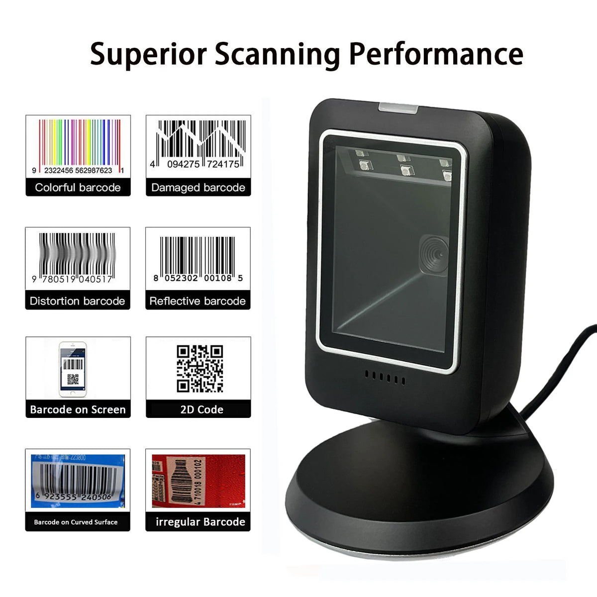 Barcode scanner 2D all-round desktop automatic sensing data matrix reader supermarket usb barcode reader 1D 2D QR code - Stereotech