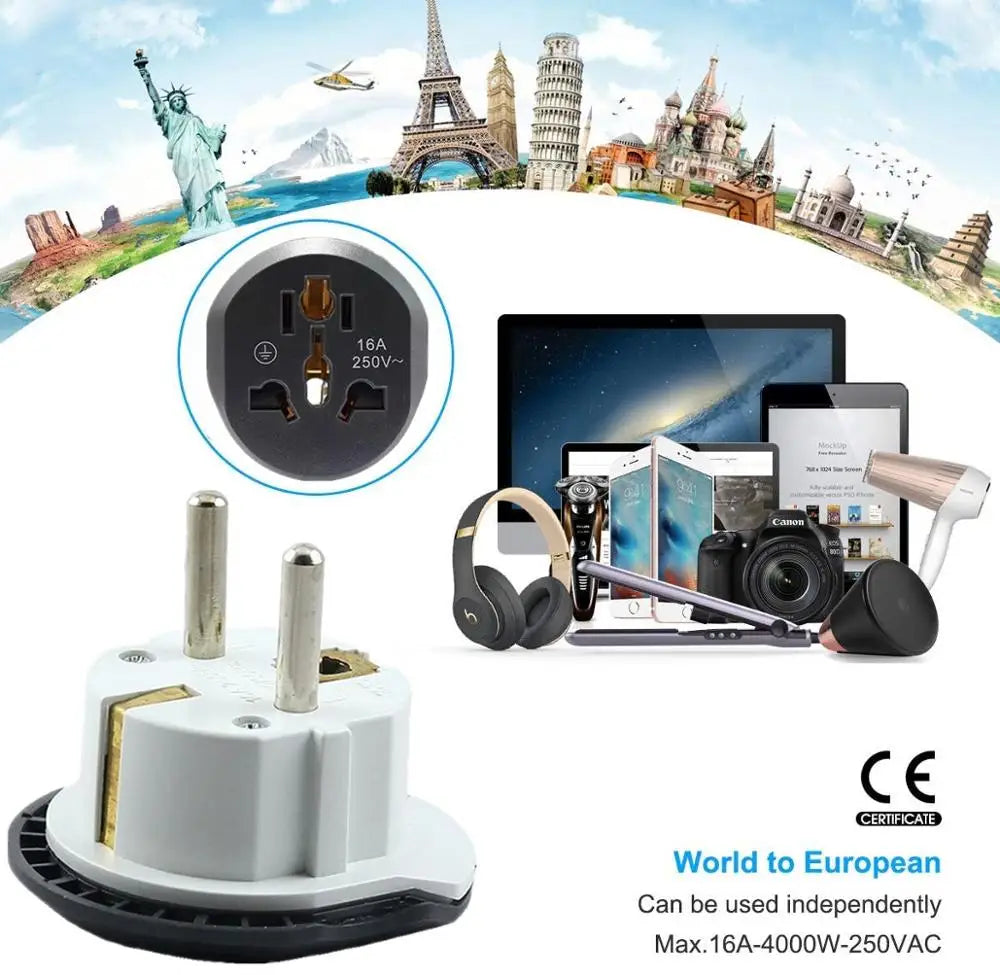 250V 16A Universal EU RU DE KR ES FR Travel Adapter - Stereotech