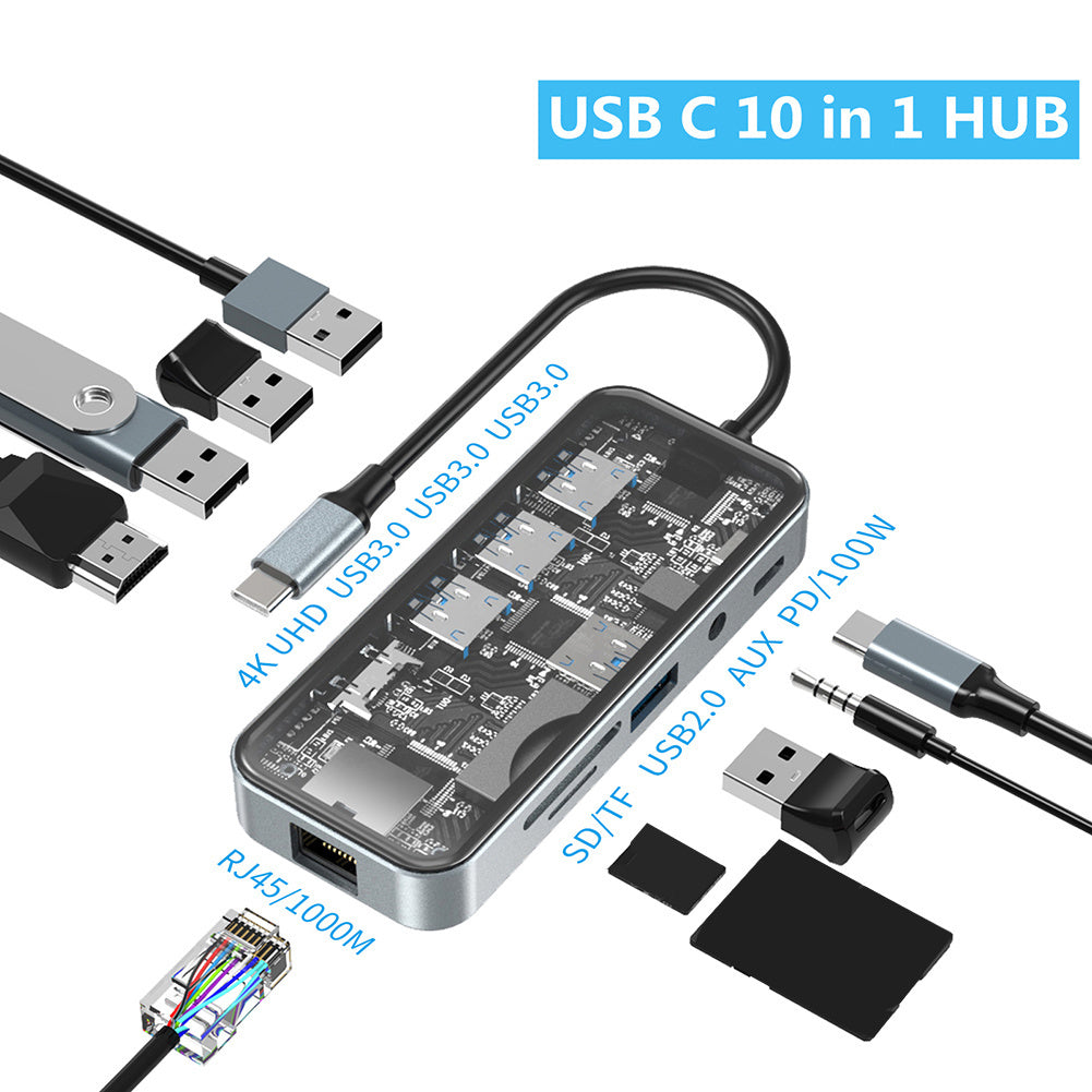 10 in 1 USB C Hub with Ethernet Adapter 4k 30hz HD Multimedia Interface Vga USB C USB 3.0 USB 2.0 SD TF Card Reader - Stereotech