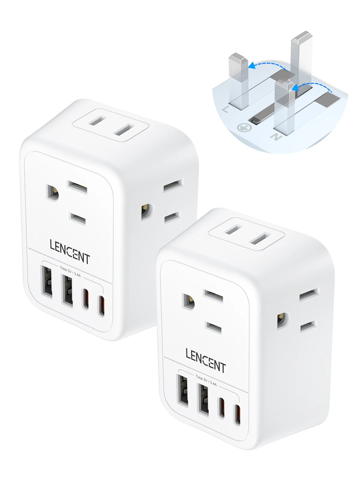 LENCENT US to UK Travel Plug Adapter International Type G  Foldable Power Plug with 4 Outlets+2USB-A+2USB-C  5V/3A Power Adaptor